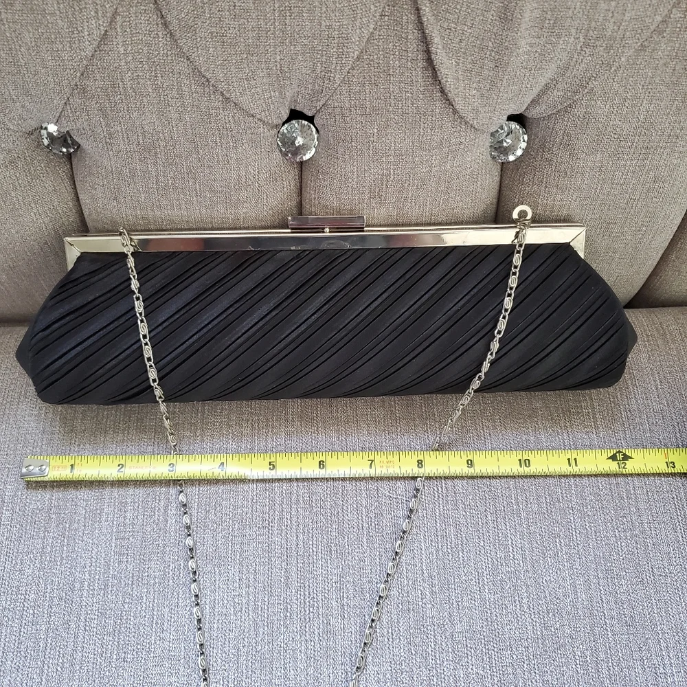 Vintage Elegant Evening Pleated Satin Elongated Clutch Black